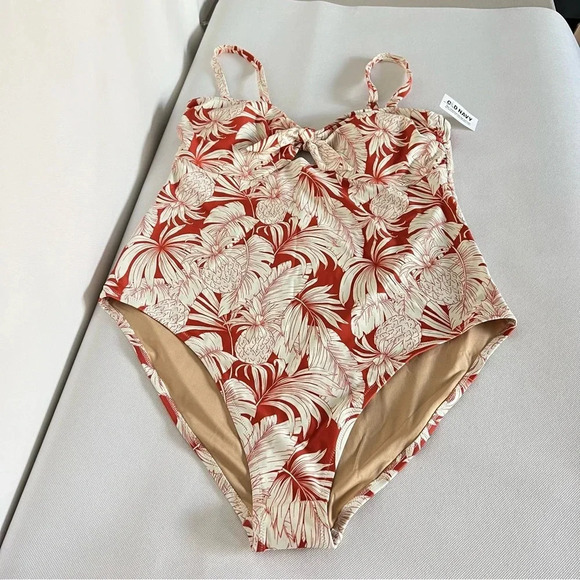 Tie-Front Keyhole Bandeau-Style One-Piece Swimsuit Size XLarge Pineapple Print - Picture 2 of 12